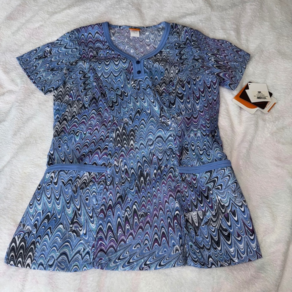 Barco Elan Womens XS Scrub Top Blue Purple Marbled Wave Embroidered 71158 NWT
